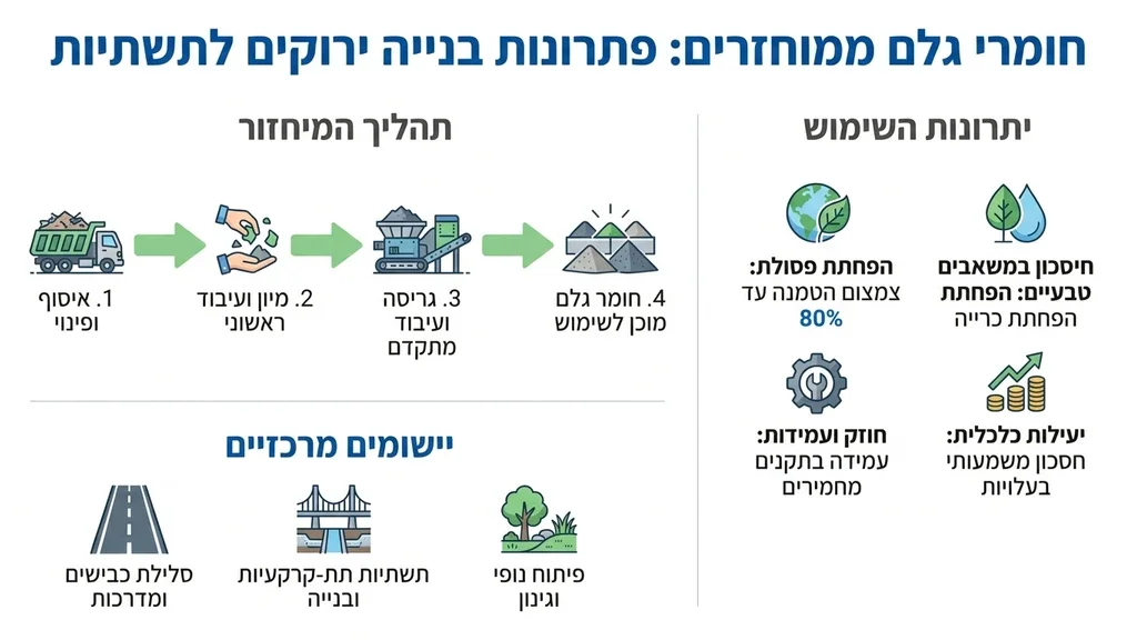 ערימות של חומרי גלם ממוחזרים המוכנים לשימוש חוזר בתשתיות